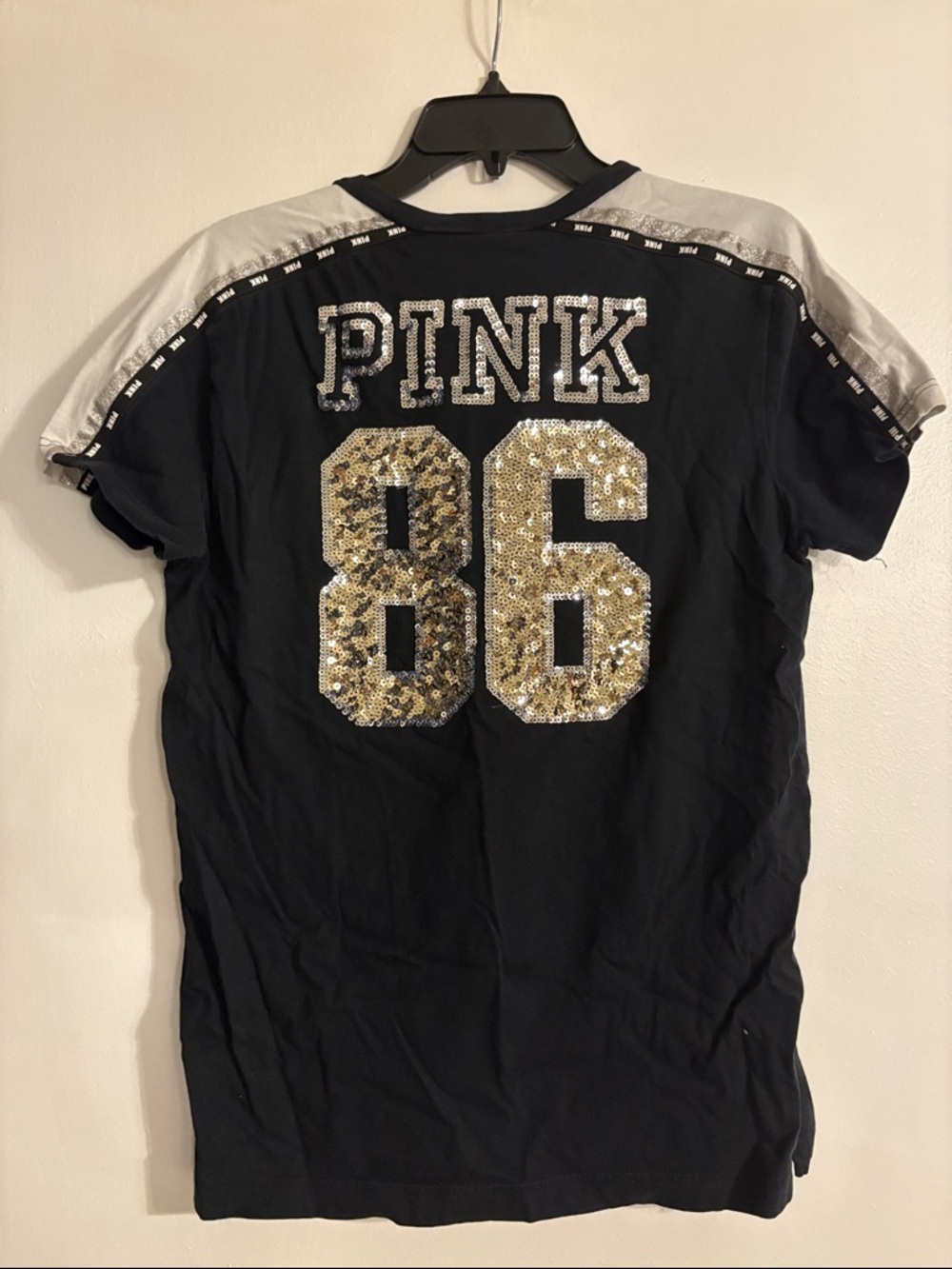 PINK Victoria's Secret Black Short Sleeve Lace-Up V-Neck Tee with White Trim